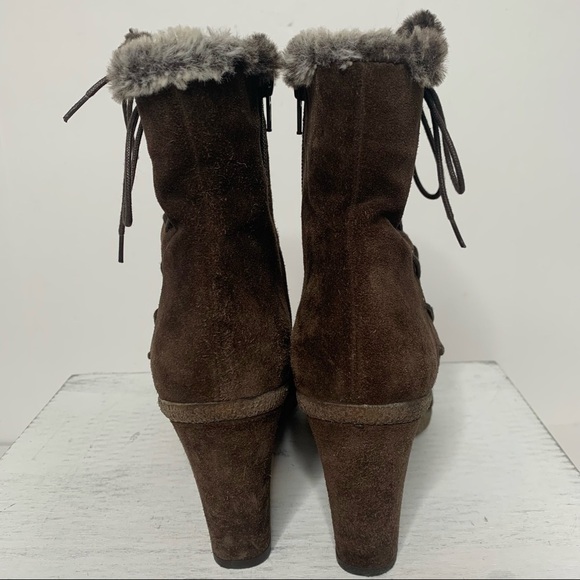 Stuart Weitzman Brown Suede Faux Fur Trim Lace Up Zip Up Ankle Boots - Picture 7 of 16